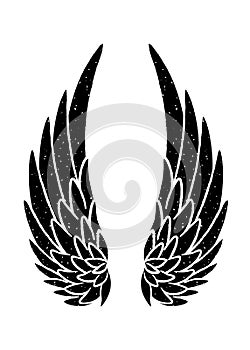 Hand drawn bird or angel grunge textured flapping wings. Hand drawn wings silhouette for t-shirt prints, tatoo design