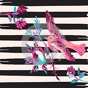 Hand drawn bird flying with flower roses tropical vintage print,