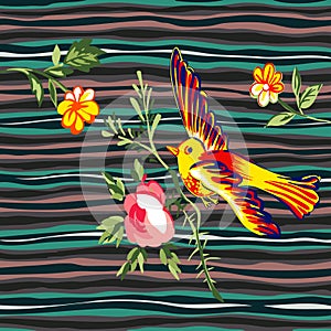 Hand drawn bird flying with flower roses tropical vintage print,