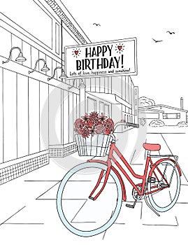 Hand drawn birthday card with red bicycle