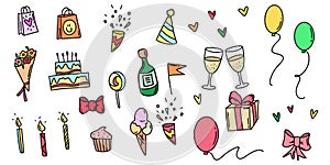 Hand drawn birthday doodles. Party collection in doodle style. Birthday icons set. Hand drawn party iocns in sketch. Vector EPS 10