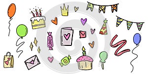 Hand drawn birthday doodles. Party collection in doodle style. Birthday icons set. Hand drawn party iocns in sketch. Vector EPS 10 photo