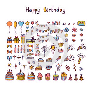 Hand drawn Birthday elements. Holiday collection. Doodle decoration. Party time clipart. Set of party elements