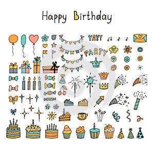 Hand drawn Birthday elements. Holiday collection. Doodle decoration. Party time clipart. Set of party elements