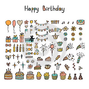 Hand drawn Birthday elements. Holiday collection. Doodle decoration. Party time clipart. Set of party elements