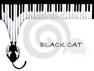 Hand drawn of Black cat scratching piano