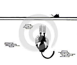 Hand drawn of Black cat scratching wall and a mouse on wall