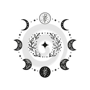 Hand drawn black celestial floral moon phases in circle.