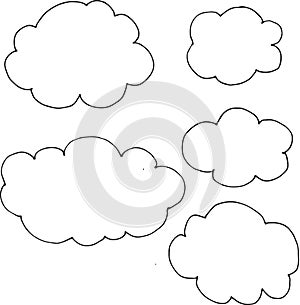 Hand drawn black clouds set on white background.