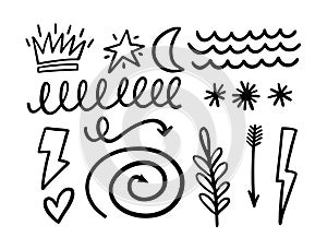 Hand drawn black color abstract elements set. Vector illustration clip art style.