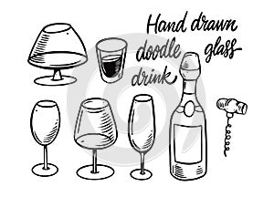 Hand drawn black color drinks and glass doodle vector illustration.