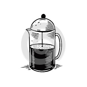 Hand drawn black color french press. Coffee maker. Doodle sketch style.