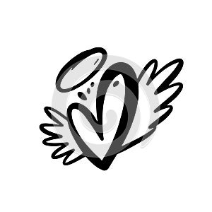 Hand drawn black color heart love sign with wings and nimbus.