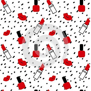 Hand drawn black confetti on white background simple abstract seamless vector pattern illustration with red lips, lipsticks and na