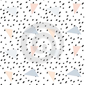 Hand drawn black confetti on white background simple abstract seamless vector pattern illustration with pastel pink and blue trian
