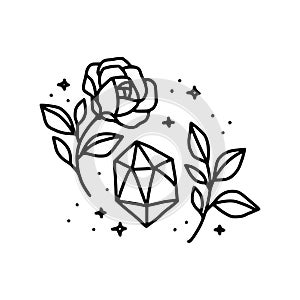 Hand drawn black crystal, rose flower, stars, and botanical leaf branch. Nature floral element for clip art or logo