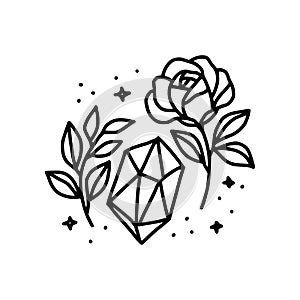 Hand drawn black crystal, rose flower, stars, and botanical leaf branch. Nature floral element for clip art or logo
