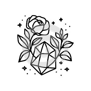 Hand drawn black crystal, rose flower, stars, and botanical leaf branch. Nature floral element for clip art or logo