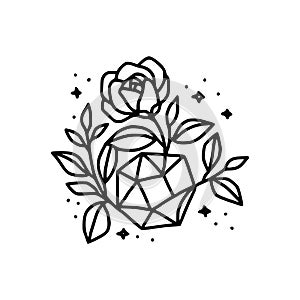 Hand drawn black crystal, rose flower, stars, and botanical leaf branch. Nature floral element for clip art or logo