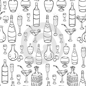 Hand-Drawn Black Glasses, Bottles and Glass Decanters. Seamless Background. Sketch Drawing Glasses isolated on White. photo