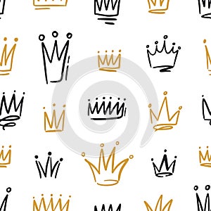 Hand drawn black and golden crowns seamless pattern. Doodle symbols of monarchy with colorful contour lines vector photo
