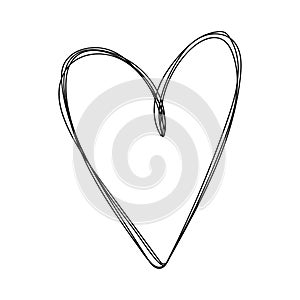 Hand drawn black heart sketch isolated on a white background, in a loopy doodle style