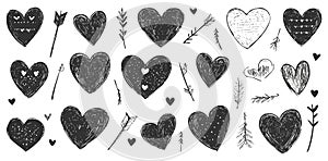 Hand-drawn black hearts and arrows pattern on white background.