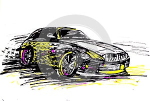 hand drawn black ink illustration of a speed car.