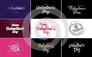 Hand-drawn black lettering Valentine\'s Day and pink hearts on white background vector illustration suitable for use in design of