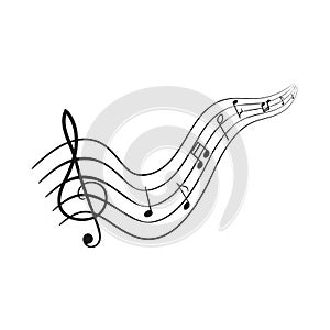 Hand drawn black music staff and various notes wave design isolated on white background