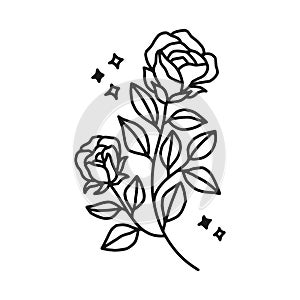 Hand drawn black rose flower and leaf illustration. Line art of nature floral leaves element for icon, clip art or logo