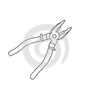 Hand-drawn black vector illustration of metallic locksmith tool pliers isolated on a white background