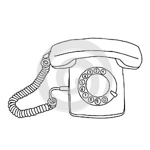 Hand drawn black vector illustration of old retro phone isolated on a white background