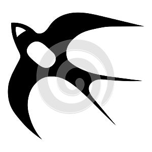 Hand-drawn black vector illustration of one swallow bird is flying on a white background