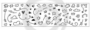 A collection of hand-drawn doodle elements in black and white