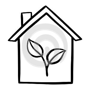 Hand drawn black and white house with plant. Ecology concept. Isolated on white background. Vector illustration.