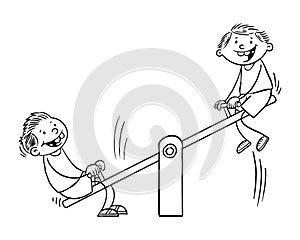 Hand drawn black and white  illustration of kids on a teeter totter. photo