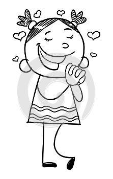 Hand drawn black and white illustration of a shy girl