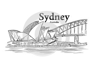 Hand drawn black and white illustration of Sydney city