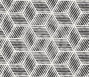 Hand drawn black and white ink striped seamless pattern. Vector grunge lattice texture. Monochrome brush strokes line