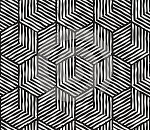 Hand drawn black and white ink striped seamless pattern. Vector grunge lattice texture. Monochrome brush strokes line