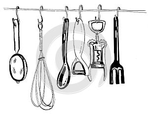 Hand drawn black and white kitchen tools