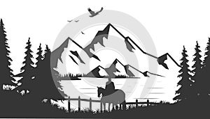 Hand Drawn black and white mountain landscape vector illustration with lake bird forest pine trees