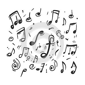 Hand-drawn Musical Notes Scattered on White Background: A cheerful collection of various music note