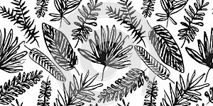 Hand drawn black and white tropical leaves pattern