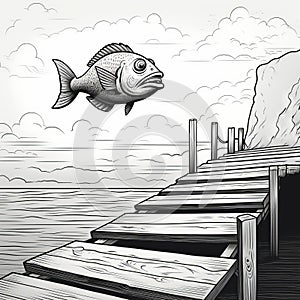 Hand-drawn Blackline Vector Illustration Of A Jumping Fish From The Pier