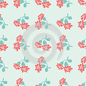 Hand drawn bloom blue branches with red flowers, floral seamless pattern abstract background wallpaper vector. Line art botanical
