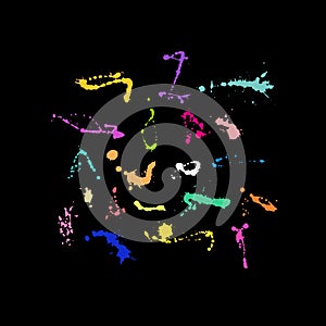 Hand drawn blots, splashes and blobs. Bright color blots on the black background.
