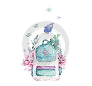 Watecolor backpack with pink flowers and green leaves, rocket. illustration isolated on white. Rucksack, knapsack, haversack, photo