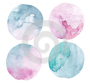 Hand drawn blue pink circle splashes watercolor set, circle turquoise watercolor